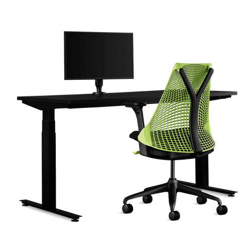 Side view of a Sayl Neon Gaming Chair, Nevi Gaming Desk and Ollin Monitor Arm from Herman Miller Gaming