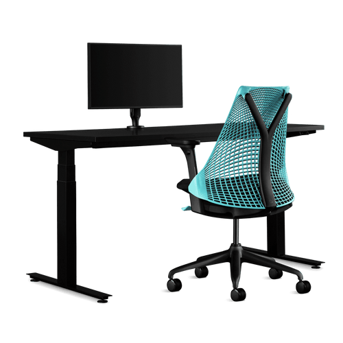 Side view of a Sayl Ocean Deep Gaming Chair, Nevi Gaming Desk and Ollin Monitor Arm from Herman Miller Gaming