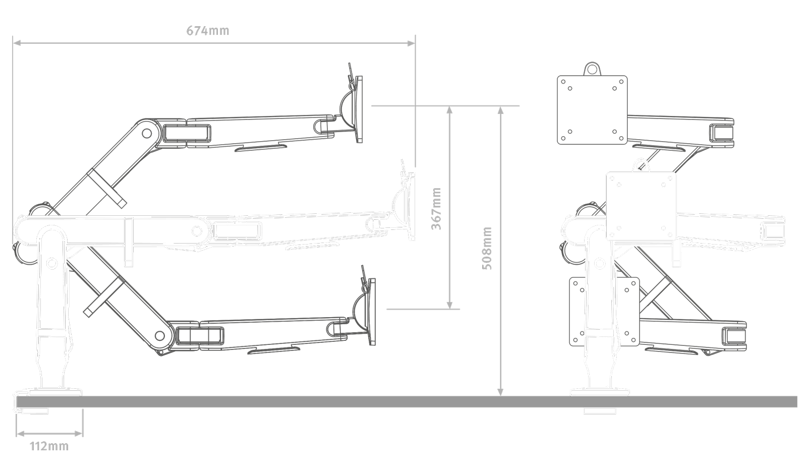 Illustration, in white on a black background, of the Ollin Monitor Arm, shows height specifications.