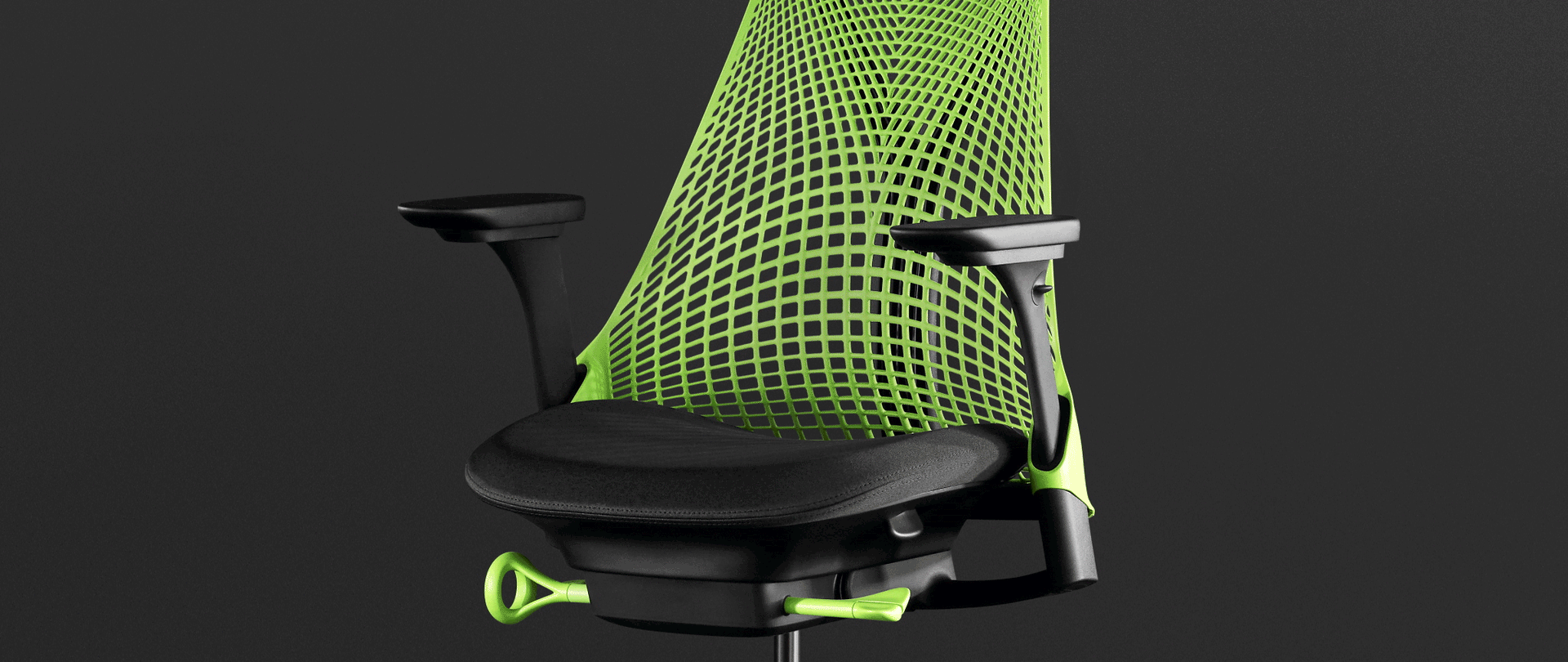 An animation over a photograph of the Sayl Chair in Neon highlights the benefits of its Harmonic Tilt.