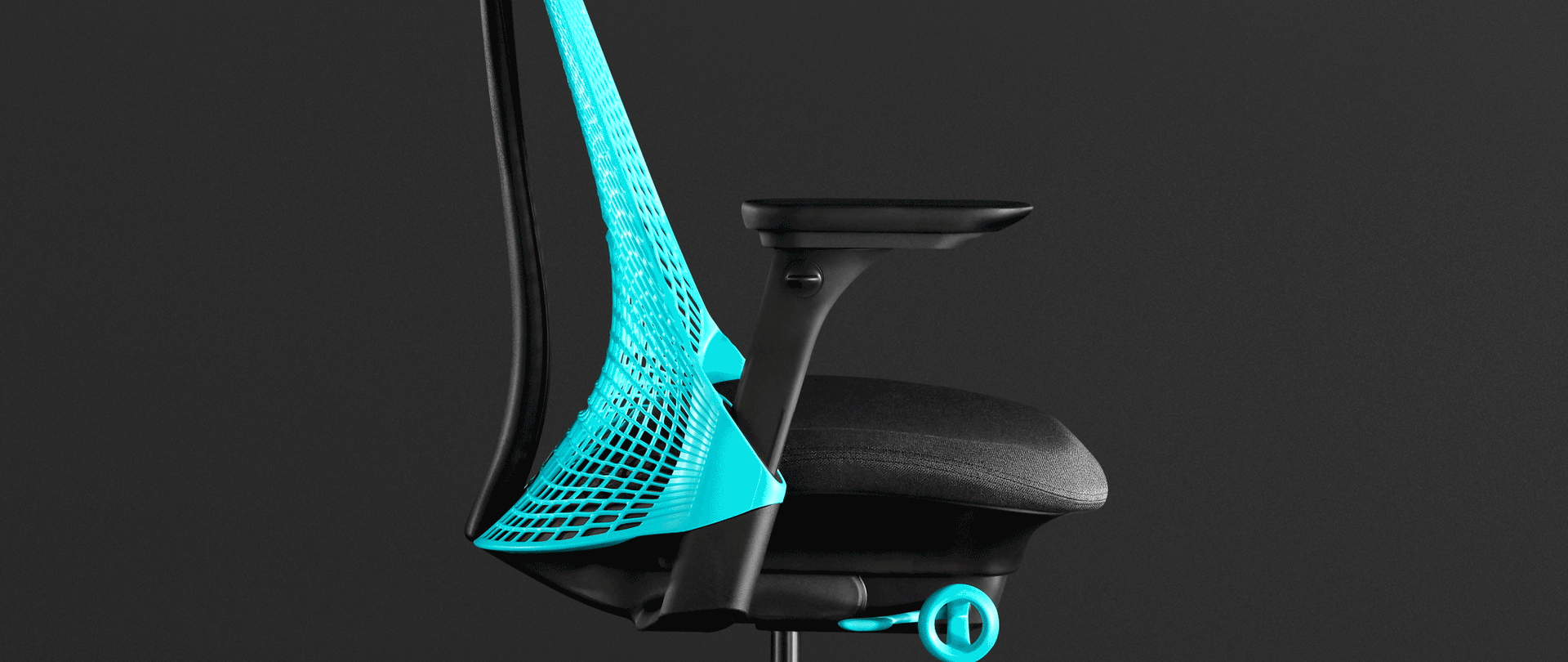 An animation over a photograph of the Sayl Chair in ocean deep highlights the benefits of its PostureFit Spinal Support.