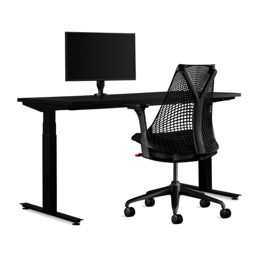 Side view of a Sayl Black Gaming Chair, Nevi Gaming Desk and Ollin Monitor Arm from Herman Miller Gaming