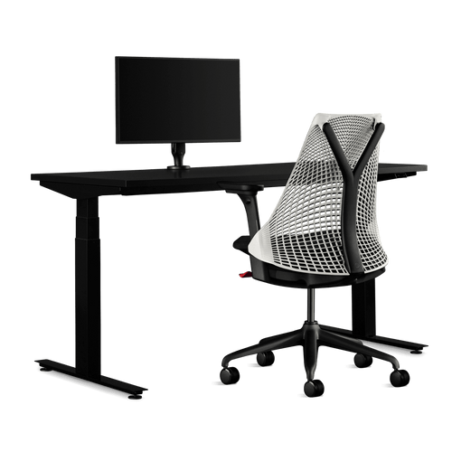 Side view of a Sayl Studio White Gaming Chair, Nevi Gaming Desk and Ollin Monitor Arm from Herman Miller Gaming