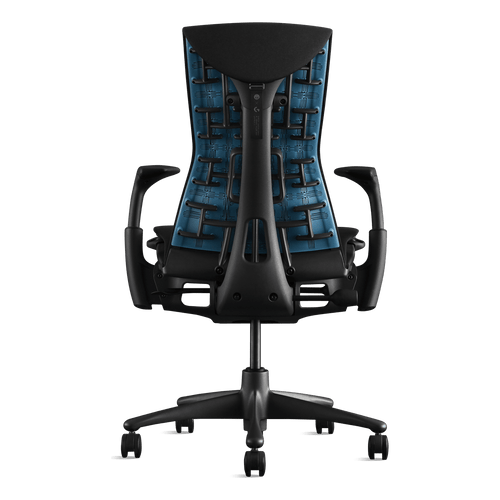 Back view of an Embody Gaming Chair in Cyan blue from Herman Miller Gaming
