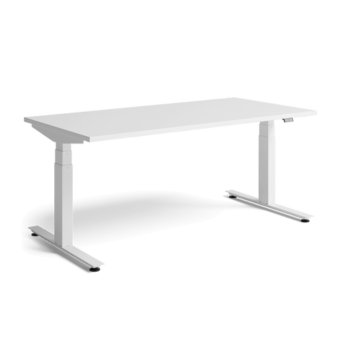 Herman Miller's Nevi sit-stand gaming desk with white legs and a white top from the front.