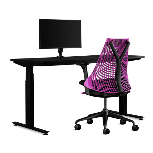 Side view of a Sayl Interstellar Gaming Chair, Nevi Gaming Desk and Ollin Monitor Arm from Herman Miller Gaming