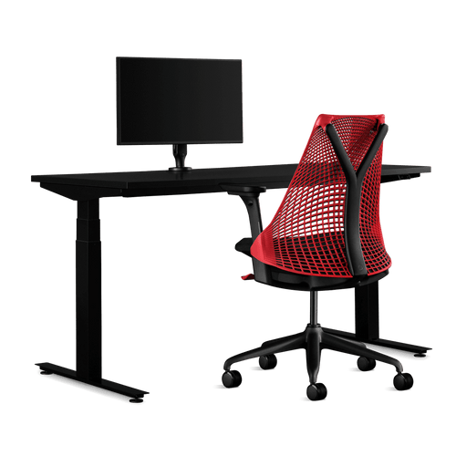 Side view of a Sayl Red Gaming Chair, Nevi Gaming Desk and Ollin Monitor Arm from Herman Miller Gaming